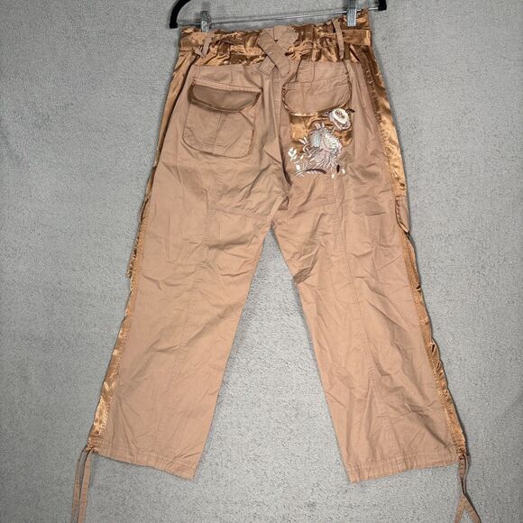 Cache Women’s Cropped Cargo Pants Size S Tan Brown Floral Boho Y2K Rave Fairy - Picture 11 of 15